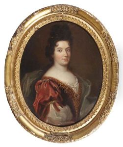 Portrait Of A Lady In A Red And Gold Embroided Dress With A White Wrap by Nicolas de Largilliere