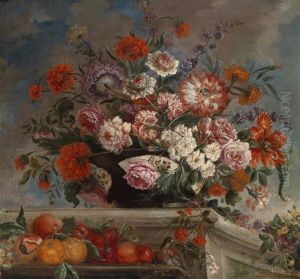 Ein Blumenstillleben Mit Fruchten Und Einem Vogel Ein Blumenstillleben Mit Fruchten Und Einem Vogel