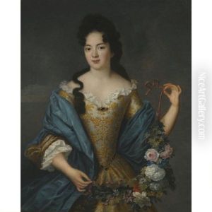 Portrait Of A Lady, Half Length, Wearing An Embroidered Dress With A Blue Shawl, Holding A Garland Of Flowers by Nicolas de Largilliere