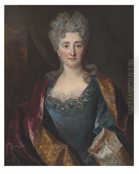 Portrait Of A Lady In A Blue Dress And Crimson Shawl - view 1