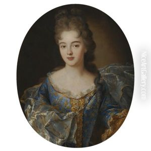 Portrait Of A Lady, In A Blue Embroided Dress With An Ornate Scarf by Nicolas de Largilliere