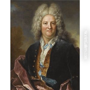 Portrait Of A Gentleman, Wearing A Blue Coat With A White Chemise And Gold Embroidered Waistcoat, With A Crimson Sash by Nicolas de Largilliere