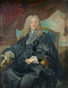 Portrait D'un Magistrat Assis Dans Son Fauteuil Sous Un Grand Drape Rouge, Un Gant Dans Sa Main Gauche