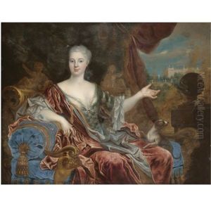 Portrait Of A Lady, Three-quarter Length, Wearing A Blue Silk Dress With Lace Trim And A Red Shawl, Seated On A Blue Chaise Longue by Nicolas de Largilliere