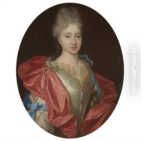 Portrait Of A Lady, Half Length, In A White Embroidered Silk Dress With Blue Ribbons And A Red Silk Wrap - view 1