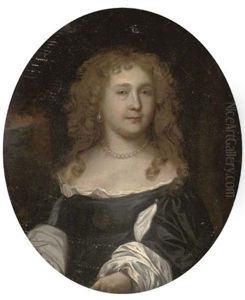 Portrait Of A Lady In A Black Dress With Slashed Sleeves, Wearing A Pearl Necklace And Earrings