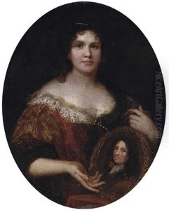 Portrait Of A Lady, Half-length, In A Red And Gold Dress With White Lace Trim, Holding A Framed Portrait Of Her Husband