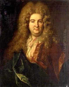 Portrait Of A Gentleman, Bust-length, In A Gold Embroidered Red Coat With Blue Mantle by Nicolas de Largilliere