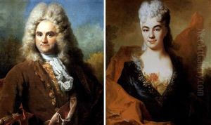 Portrait Of Joachim Delelee In A Brown Coat With A Red Cloak, A Lace Cravat And Long Periwig (+ Portrait Of Brigitte Ansart Wearing A Blue Dress With Gold Brocade And A Red Cloak; Pair) by Nicolas de Largilliere