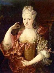 A Portrait Of A Lady As Diana Wearing A Pink Silk Dress