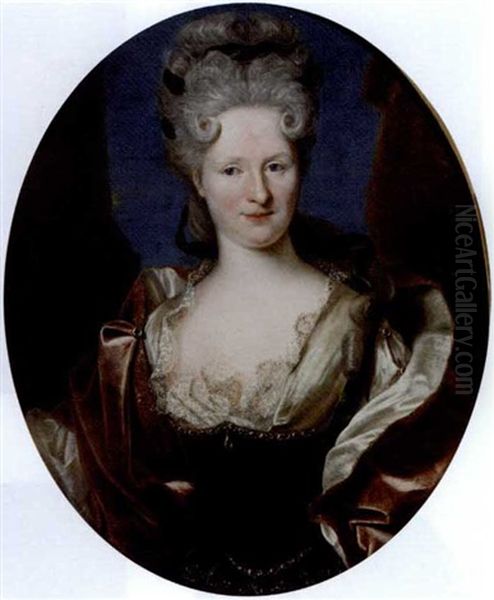 Portrait Of A Lady In A Green Velvet Dress With A Red Wrap And A Green Velvet Ribbon In Her Hair - view 1