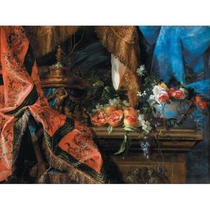 A Still Life With Roses And Other Flowers In An Oriental Bowl With Pomegranates And Grapes On A Classical Balustrade With A Rug Draped Over A Chair by Nicolas de Largilliere