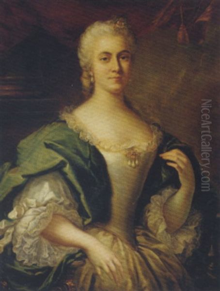 Portrait Of A Lady In A White Dress And A Green Silk Shawl - view 1