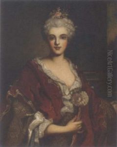 Portrait Of A Lady In A Red Shawl And Pearl Head-dress by Nicolas de Largilliere