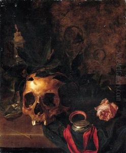A Vanitas Still Life With A Skull, Rose And Pocket-watch, All Laid Out On A Draped Table by Nicolas de Largilliere