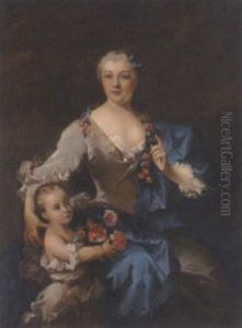 Portrait Of A Lady And Child In A White Dress And Blue Wrap, The Child Holding Flowers