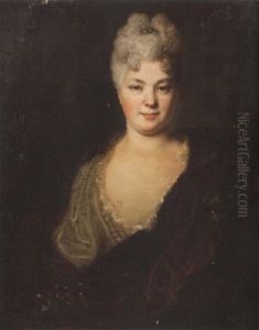 Portrait Of A Lady In A Green Dress Trimmed With Lace And Pearls And A Red Velvet Wrap by Nicolas de Largilliere