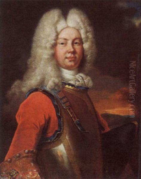 Portrait Of A Gentleman Wearing A Red Velvet Coat With Embroidered Cuffs, A White Lace Scarf, A Cuirass And A Wig - view 1