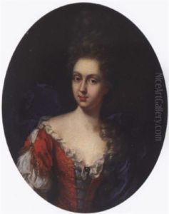 Portrait Of A Lady, Wearing A Red Dress And A Blue Shawl by Nicolas de Largilliere