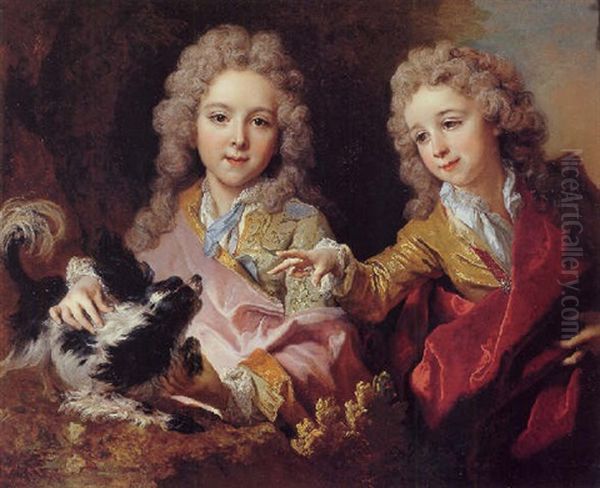 Portrait Of Francois Pommyer And Yves-joseph-charles Pommyer Playing With A King Charles Spaniel - view 1