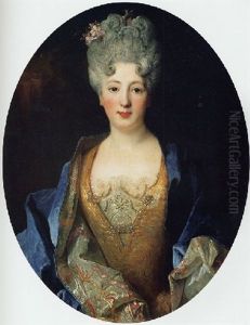 Portrait Of A Lady (marie-adelaide De Savoie?) In An Embroidered Gold Dress And Blue Mantle