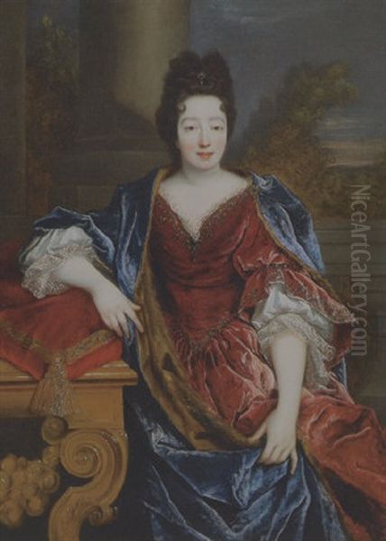 Portrait Of A Lady On A Terrace By A Console Table, A Landscape Beyond - view 1