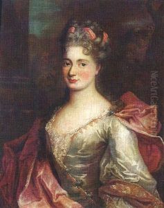 Portrait Of A Lady Wearing A Grey Satin, Lace-trimmed Dress, With A Crimson Mantle