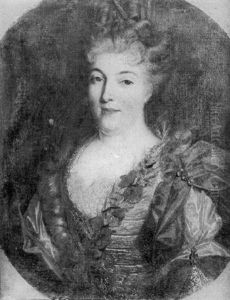 Portrait Of A Lady, Wearing A Low-cut White Dress With Floral Decaration by Nicolas de Largilliere