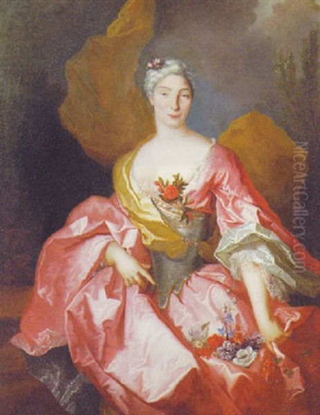 Portrait Of A Lady In A Pink Silk Dress And Yellow Wrap, Standing On A Terrace - view 1