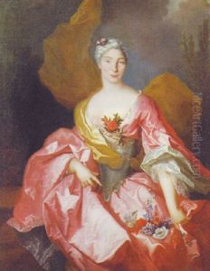 Portrait Of A Lady In A Pink Silk Dress And Yellow Wrap, Standing On A Terrace
