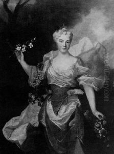 Portrait Of A Noblewoman As Flora On A Balcony, A Landscape Beyond by Nicolas de Largilliere