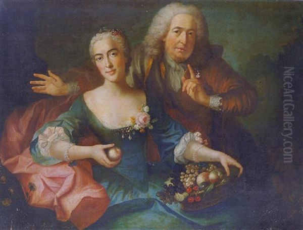 A Double Portrait Of A Gentleman In A Brown Coat And Lilac Mantle, And His Wife In A Blue Dress And A Pink Wrap - view 1
