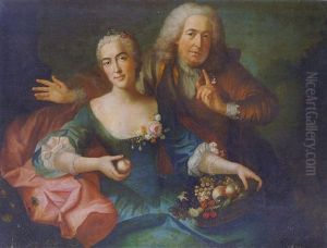 A Double Portrait Of A Gentleman In A Brown Coat And Lilac Mantle, And His Wife In A Blue Dress And A Pink Wrap by Nicolas de Largilliere