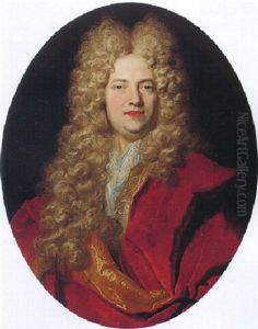 Portrait Of A Gentleman Wearing A Wig, A Red Morning Coat And A Blue Lace-trimmed Shirt