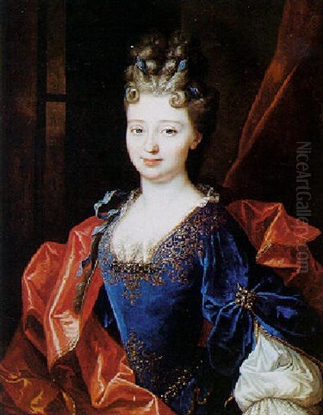 Portrait Of A Lady Wearing A Blue Velvet, Embroidered Dress - view 1