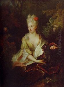 Portrait Of A Lady In A Gold Dress And Crimson Wrap, With Her Pet Dog Barking At A Monkey, In A Wooded Landscape