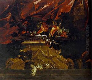Melons, Plums And Trailing Vines In A Brass Salver On A Stone Plinth