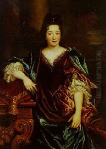 Portrait Of A Lady, Wearing A Red Velvet Dress With Lace Collar And Sleeves, A Landscape Beyond by Nicolas de Largilliere