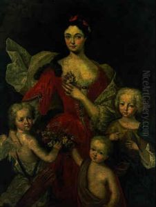 Portrait Of A Lady In A Red Dress With Two Children And A Putto Holding A Basket Of Flowers by Nicolas de Largilliere