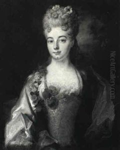 Portrait Of A Lady In A White Dress With Gold Bodice And A  Red Shawl, Flowers Woven In Her Hair And Dress by Nicolas de Largilliere