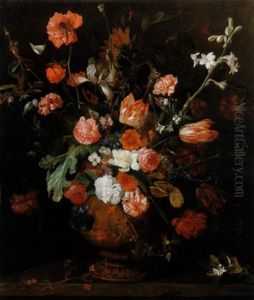 A Bouquet Of Summer Flowers Including Roses Tulips          Carnations Lilies And Irises In A Sculptured Urn Standing On