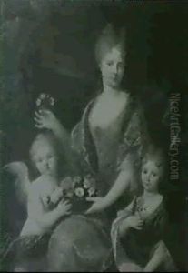 Dame De Qualite Et Sa Fillette Avec Un Amour Tenant Une Corbeille De Fleurs by Nicolas de Largilliere