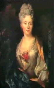 Portrait De Jeune Femme En Robe Blanche Et Manteau Bleu by Nicolas de Largilliere
