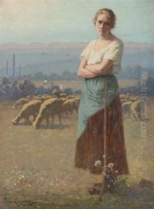 Shepherdess Standing In A Summer Landscape Before A Flock Of Sheep by Jean Laronze