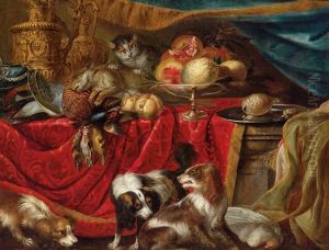 Ein Stillleben Aus Fruchten Und Erlegtem Wild Mit Drei Hunden Und Einer Katze by Marcellus Laroon
