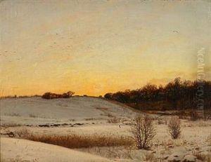 Winter Landscape With Snow Covered Fields At Sunset by Adolf Alfred Larsen
