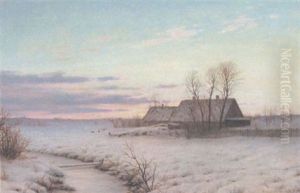 A Cottage In A Winter Landscape At Dusk A Cottage In A Winter Landscape At Dusk