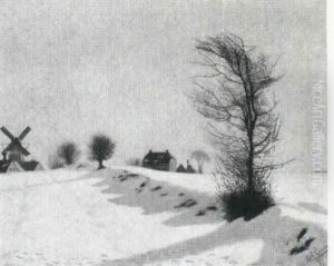 Udsigt Over Vinterlandskab, I Baggrunden Molle Og Huse Udsigt Over Vinterlandskab, I Baggrunden Molle Og Huse