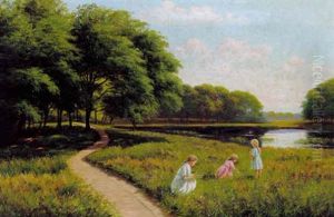 Skovparti Med Tre Sma Piger, Der Plukker Blomster by Alfred (Valdemar) Larsen
