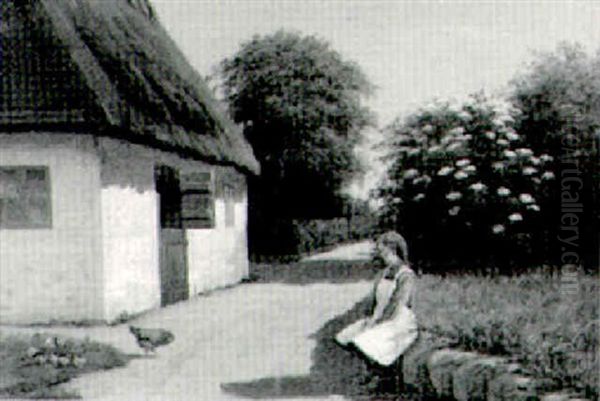 Feeding The Chickens By A Thatched Cottage - view 1